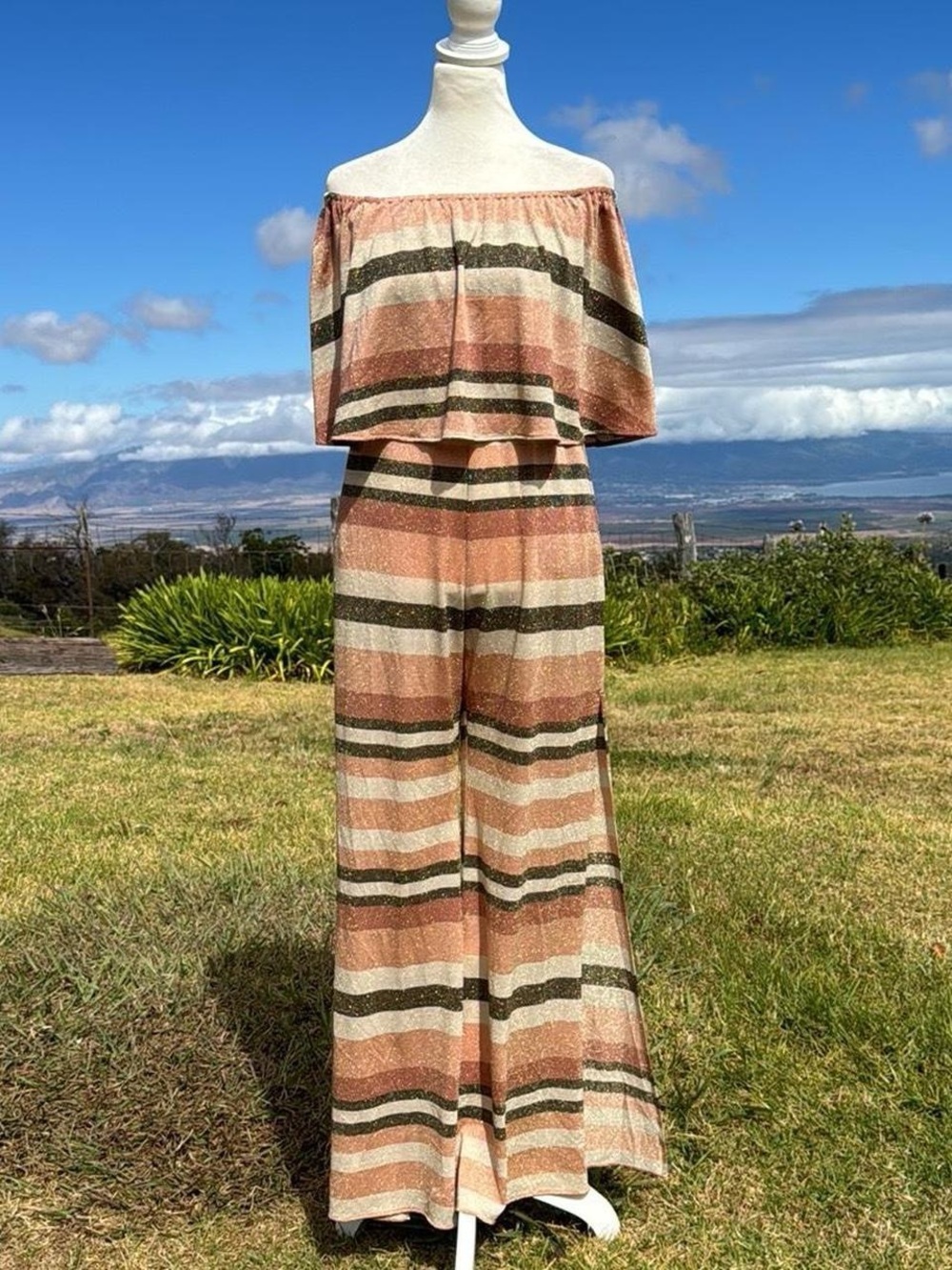 SHOW ME YOUR MUMU METALLIC STRIPED JUMPSUIT Off Shoulder Flared legs Retro
NWT